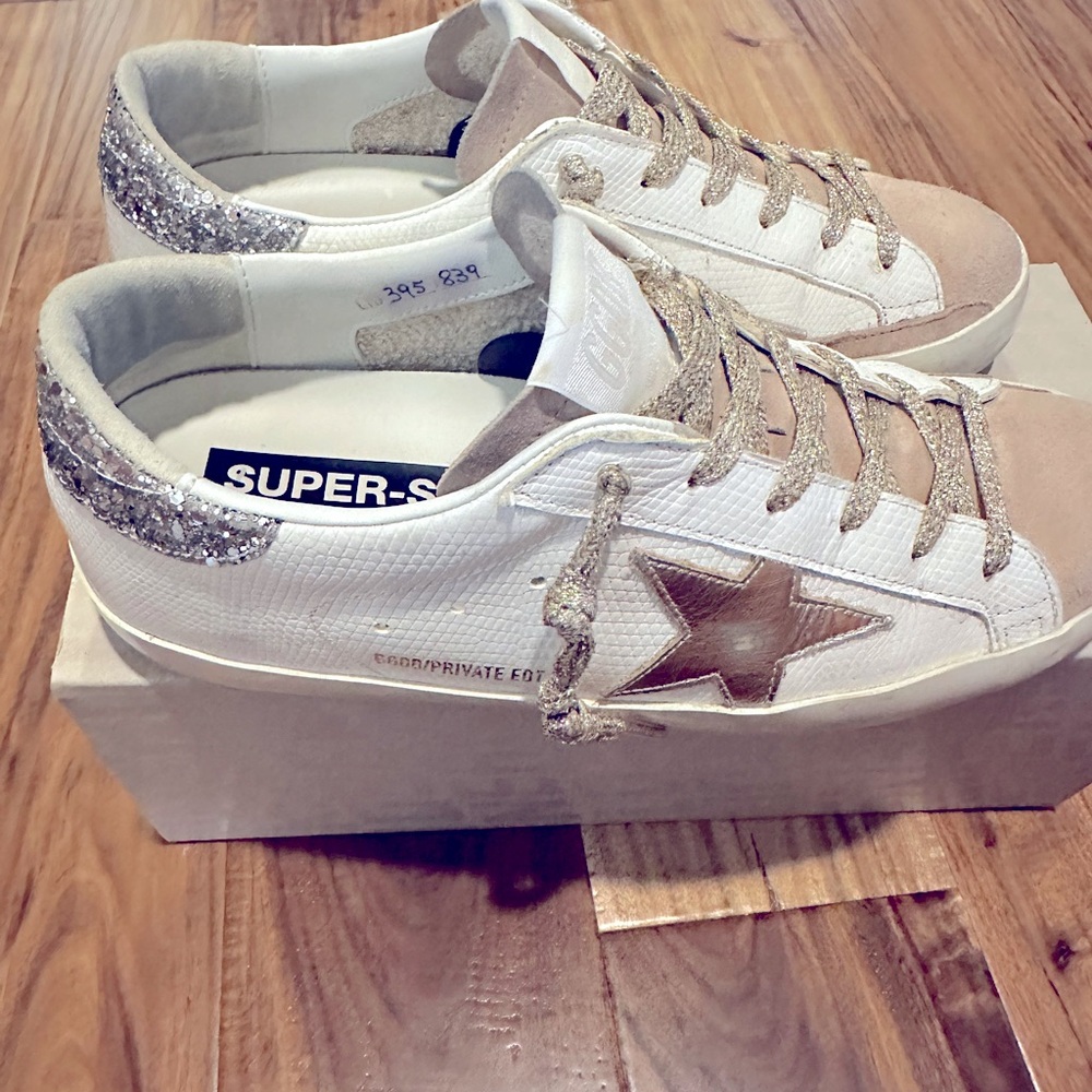 Golden Goose Women’s Superstar Sneakers Shoe Glitter Silver Platinum Pink White
